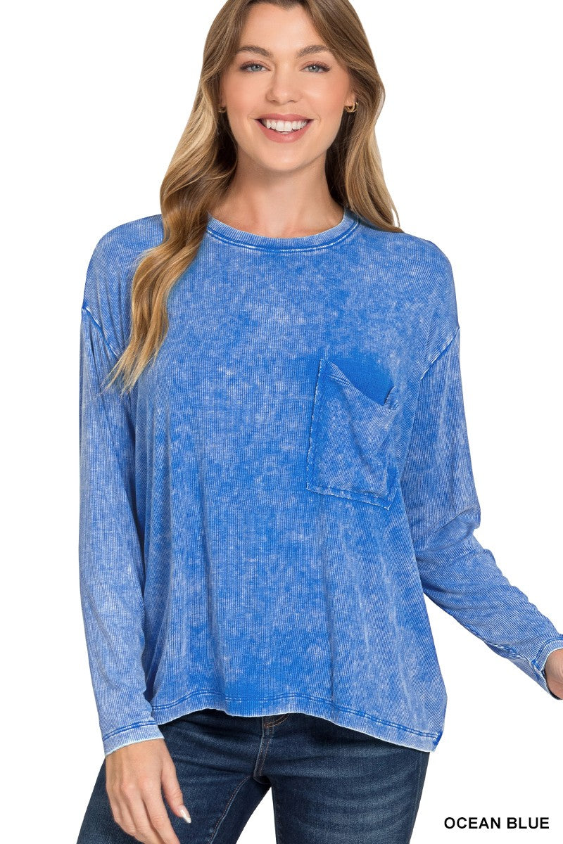 Zenana Washed Ribbed Dolman Long Sleeve Top