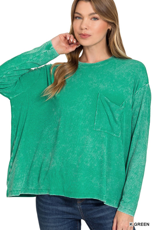 Zenana Washed Ribbed Dolman Long Sleeve Top