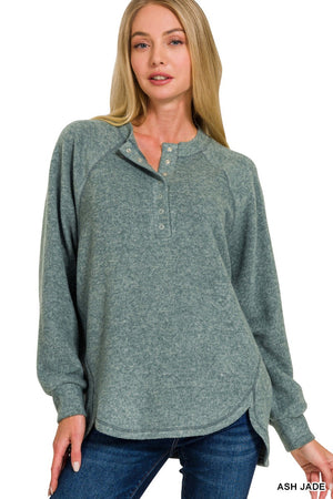 Zenana Brushed Melange Button Henley Top