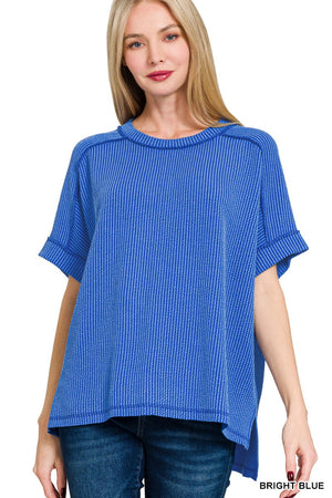 Zenana Corded Rib Cuff Sleeve Raw Edge Top
