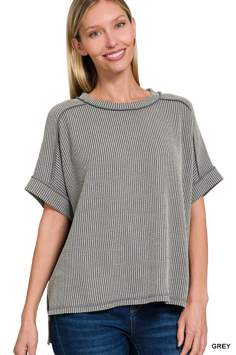 Corded Rib Cuff Sleeve Raw Edge Top