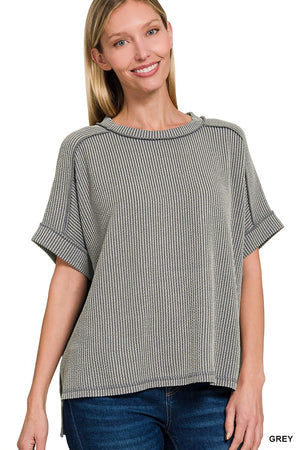 Zenana Corded Rib Cuff Sleeve Raw Edge Top