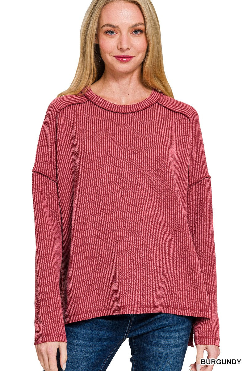 Zenana Textured Line Raw Edge Boat Neck Long Sleeve Top