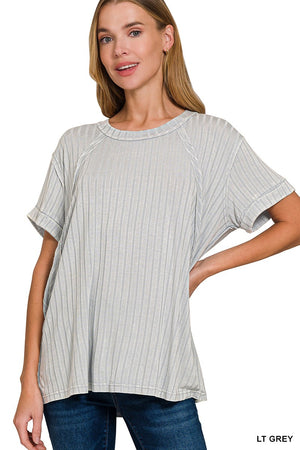 Acid Washed Ribbed Short Sleeve Boat Neck Top