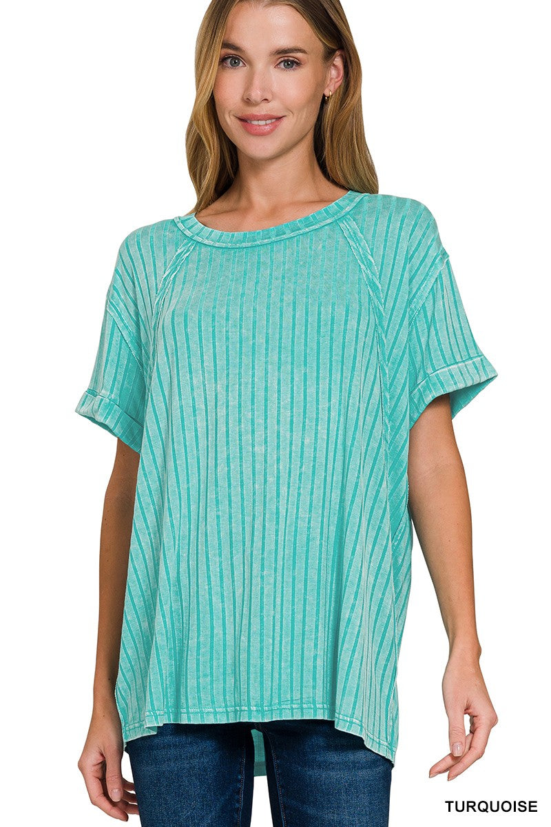 Acid Washed Ribbed Short Sleeve Boat Neck Top