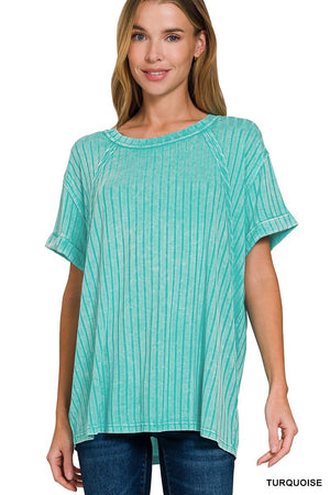 Acid Washed Ribbed Short Sleeve Boat Neck Top