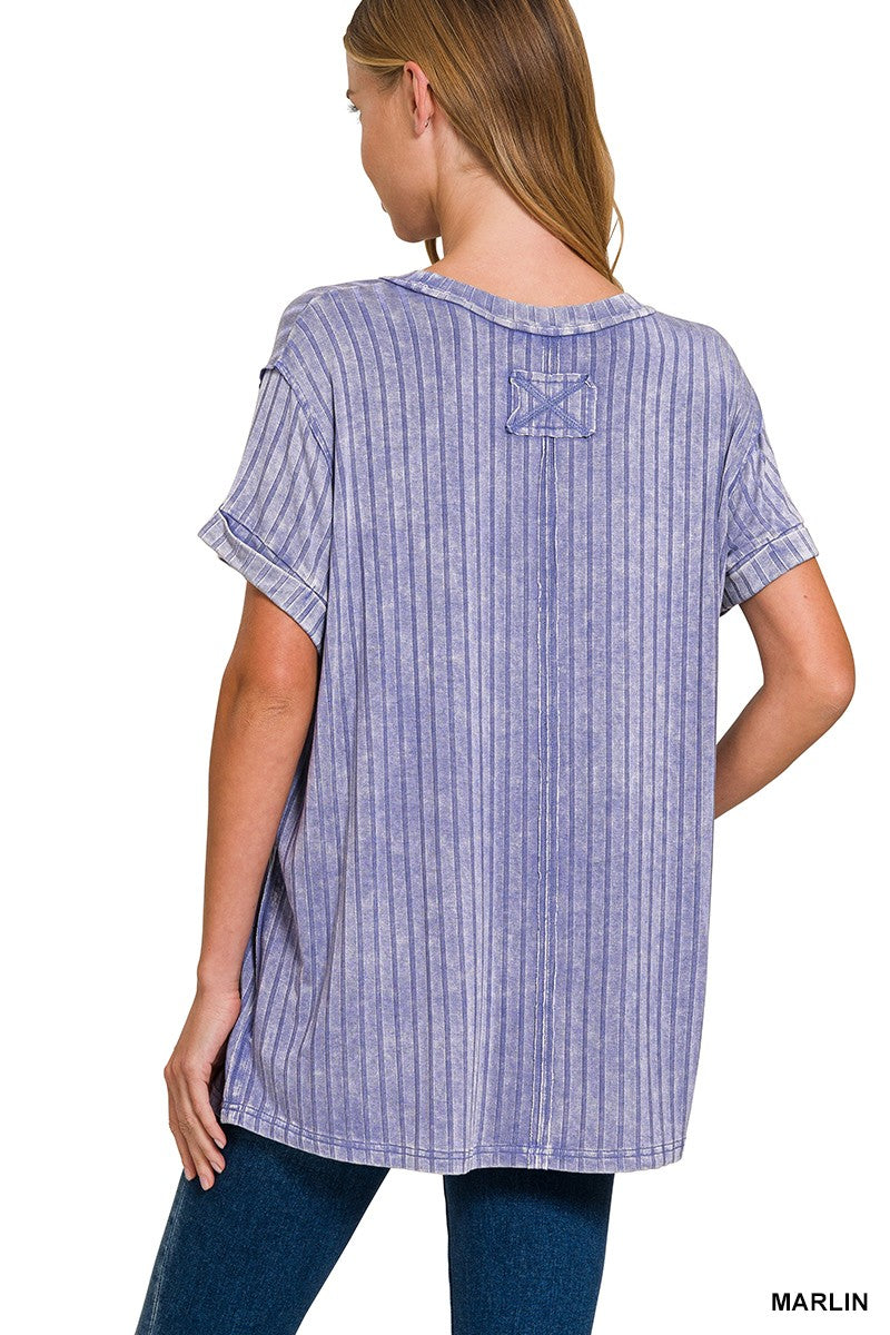 Acid Washed Ribbed Short Sleeve Boat Neck Top
