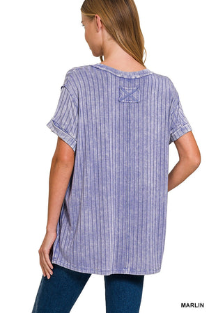 Acid Washed Ribbed Short Sleeve Boat Neck Top