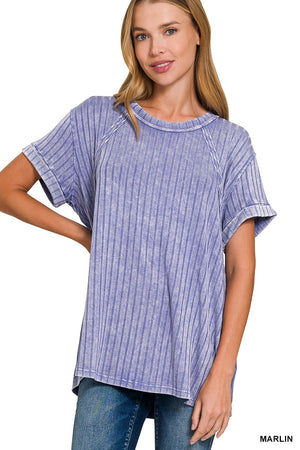 Acid Washed Ribbed Short Sleeve Boat Neck Top