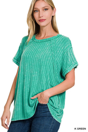 Acid Washed Ribbed Short Sleeve Boat Neck Top
