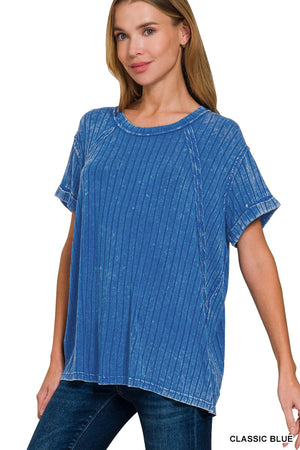 Acid Washed Ribbed Short Sleeve Boat Neck Top