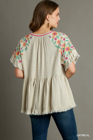 Umgee Embroidered Linen Babydoll Top