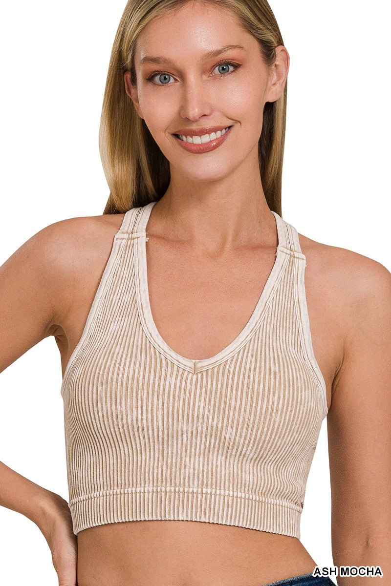 Stone Washed Ribbed Racerback Tank Top With Pads