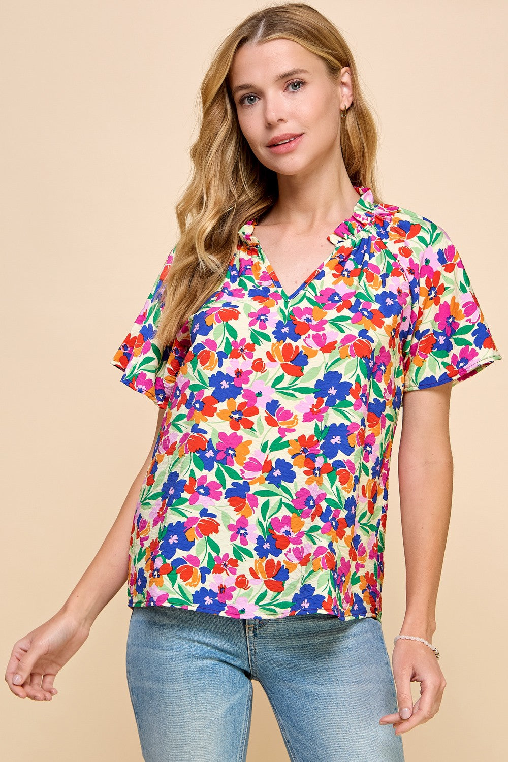 Fancy Floral Ruffle Neck Top