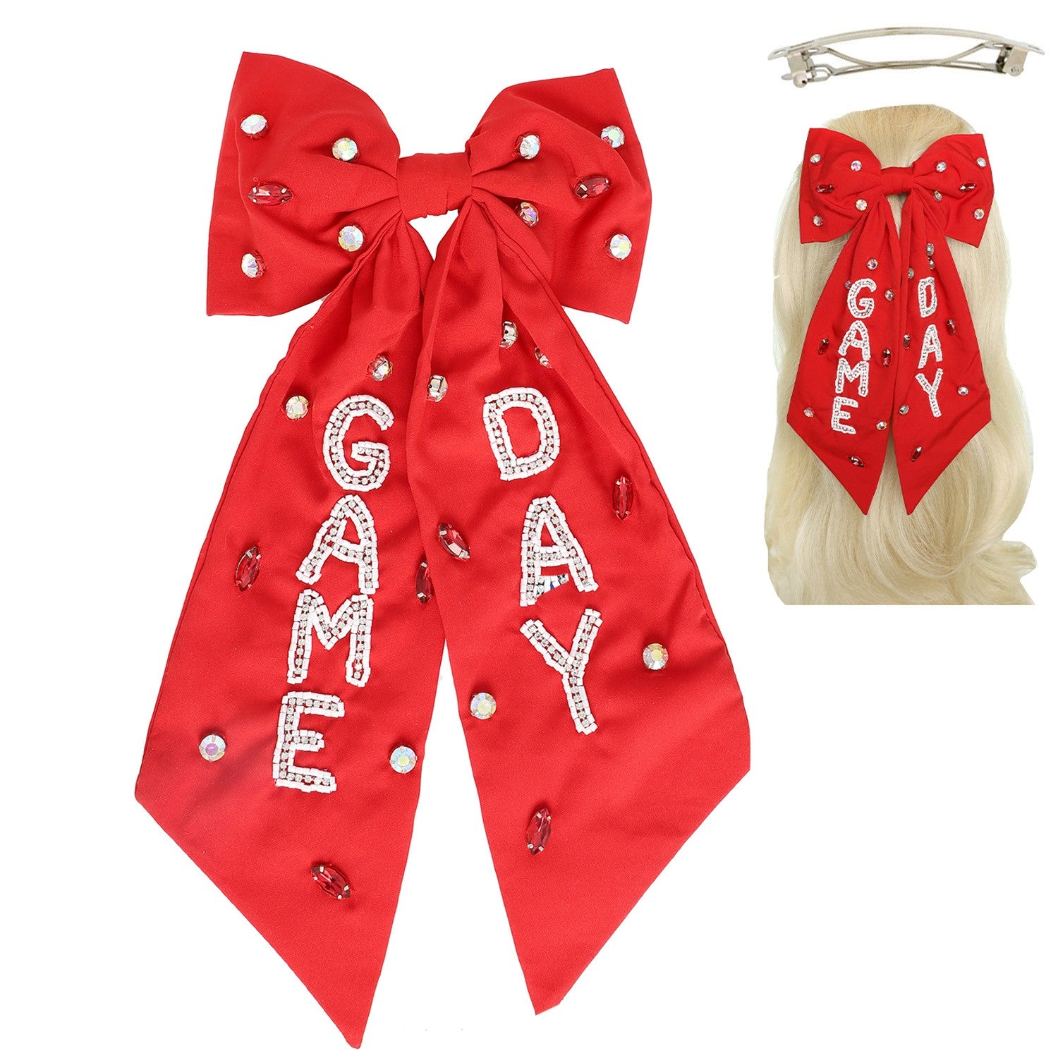 Game Day Bead Gemstone Bow Barrette Hair Clip