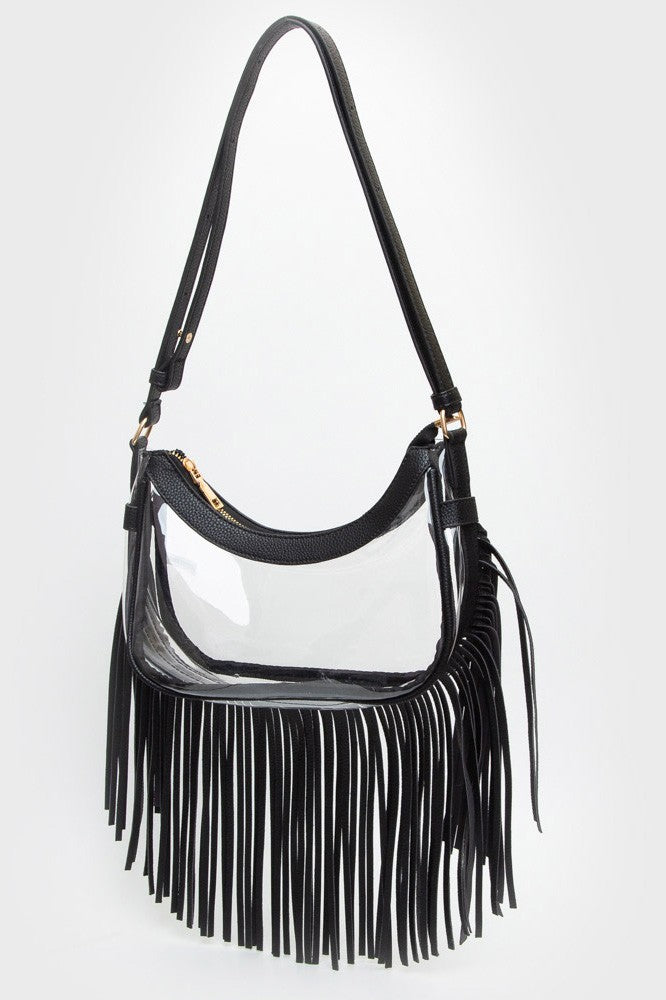 Faux Leather Fringe Clear Crossbody Bag