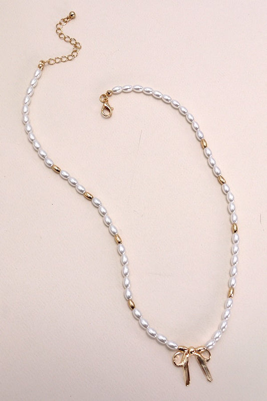 Bow Ribbon Pearl Gold Mix Chain Necklace
