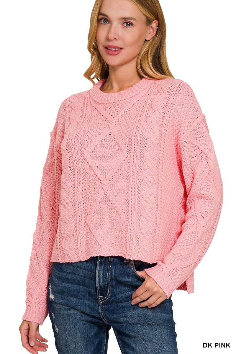 Zenana Cropped Cable Knit Sweater