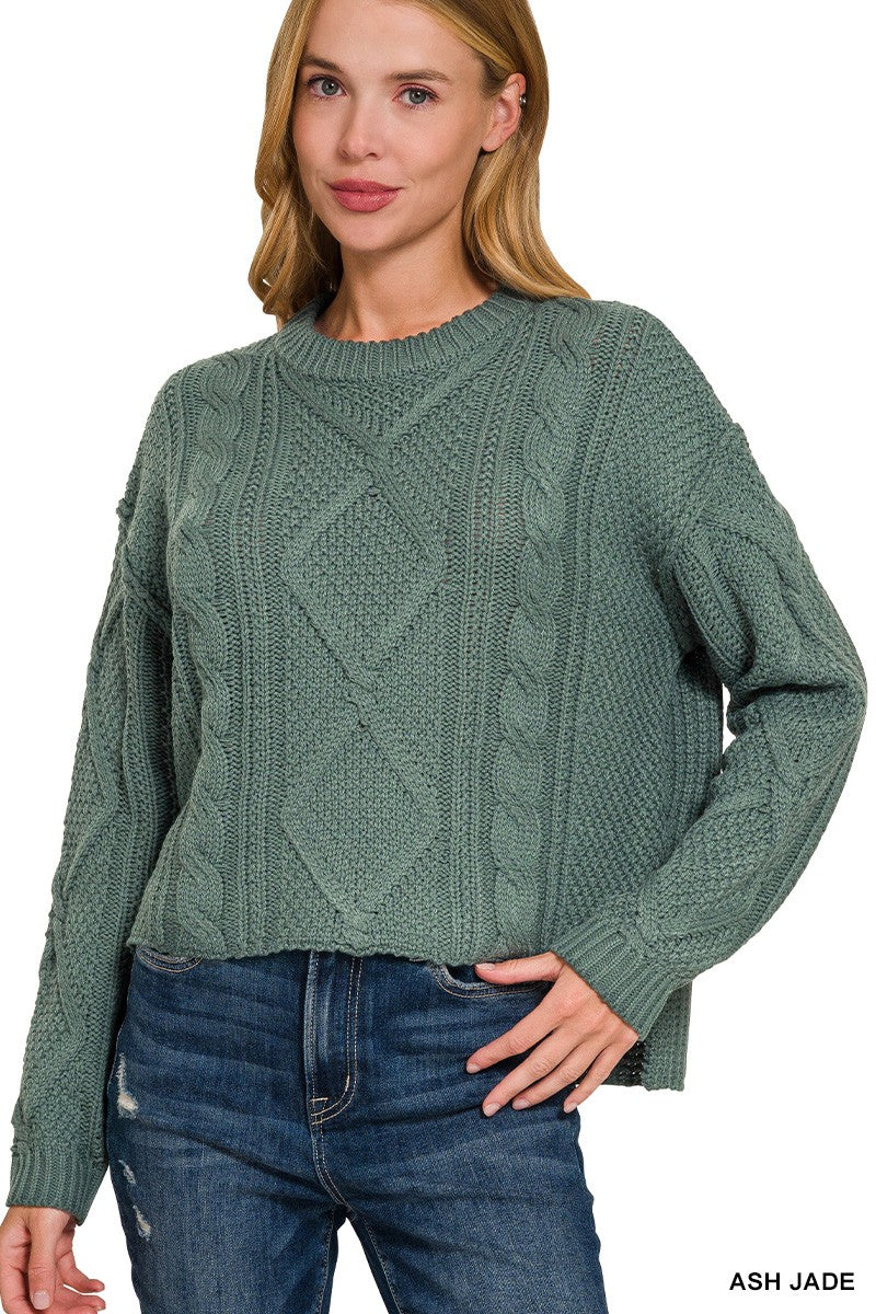 Zenana Cropped Cable Knit Sweater