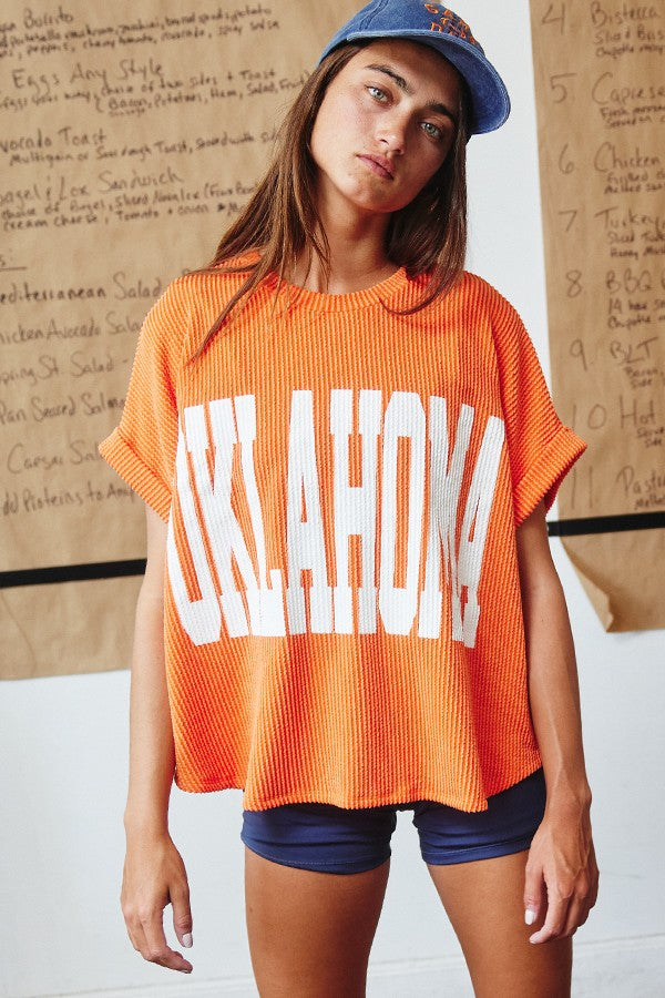 OKLAHOMA Oversized Ribbed Graphic Top