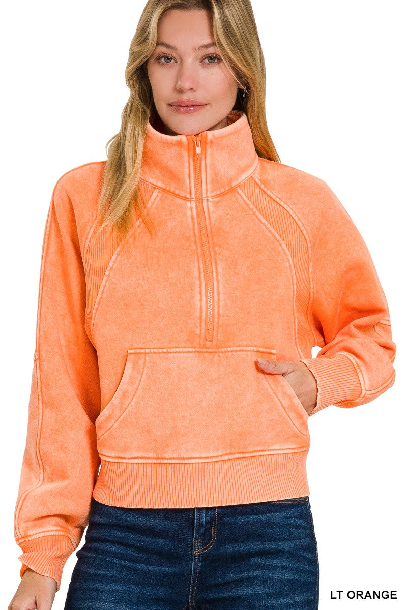 Zenana Acid Washed Half Zip Pullover Kangaroo Pocket Sweatshirt