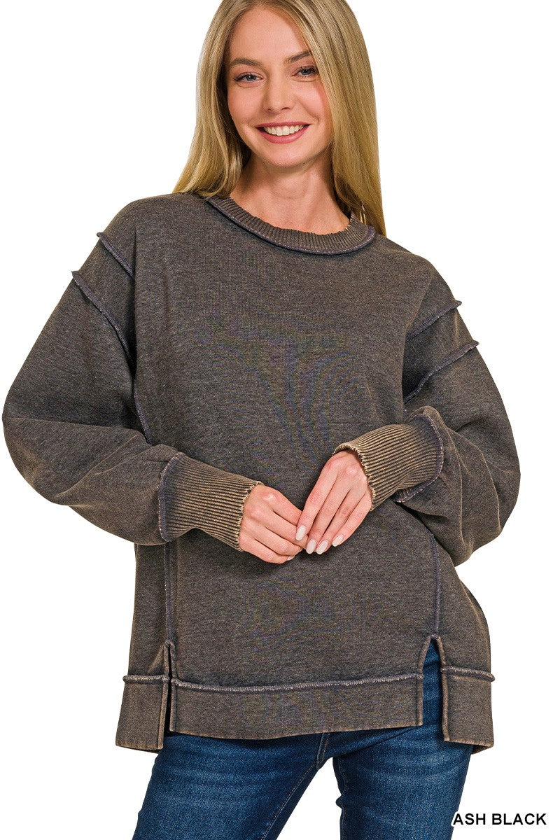 Zenana Acid Wash Exposed Seam Sweatshirt