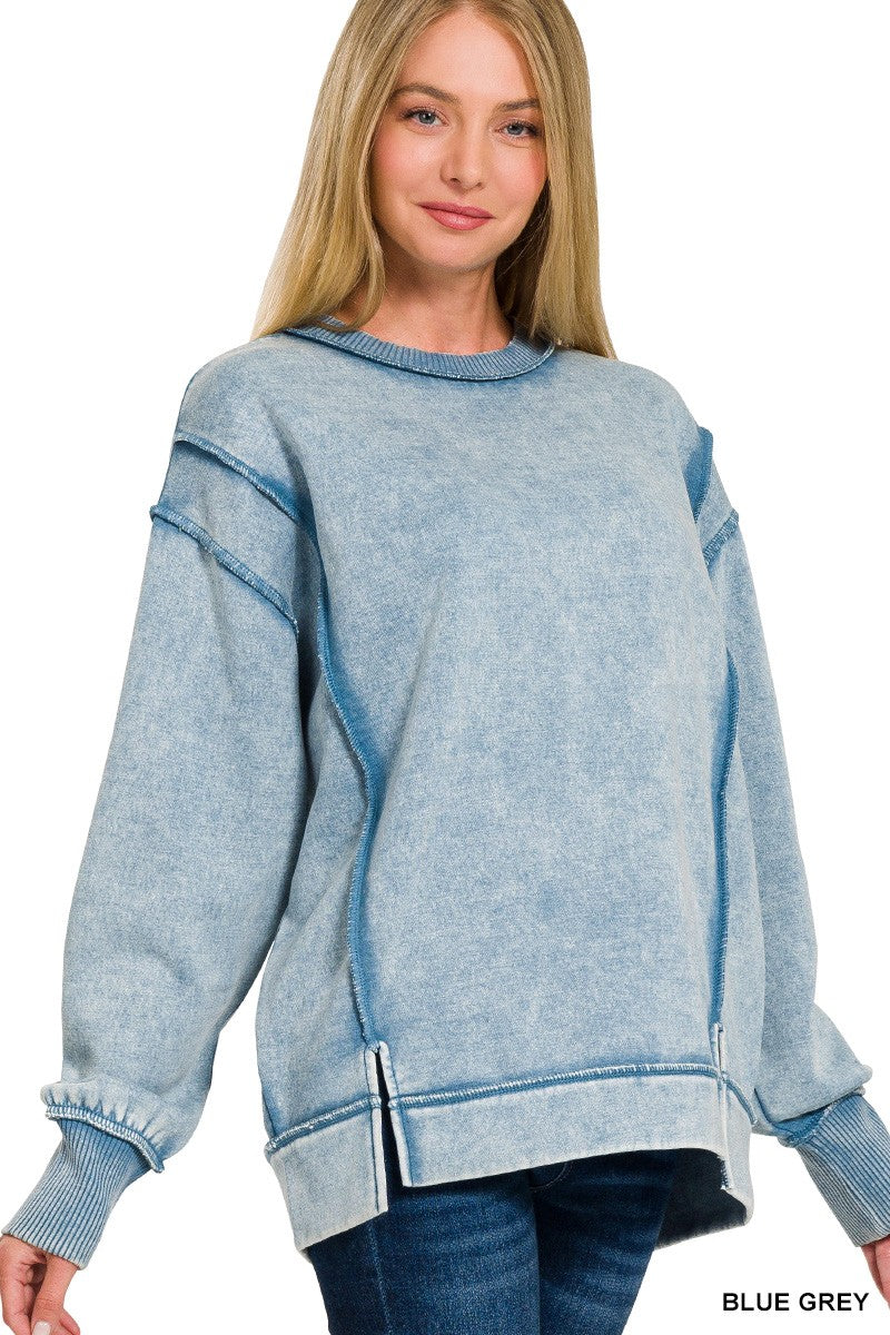 Zenana Acid Wash Exposed Seam Sweatshirt