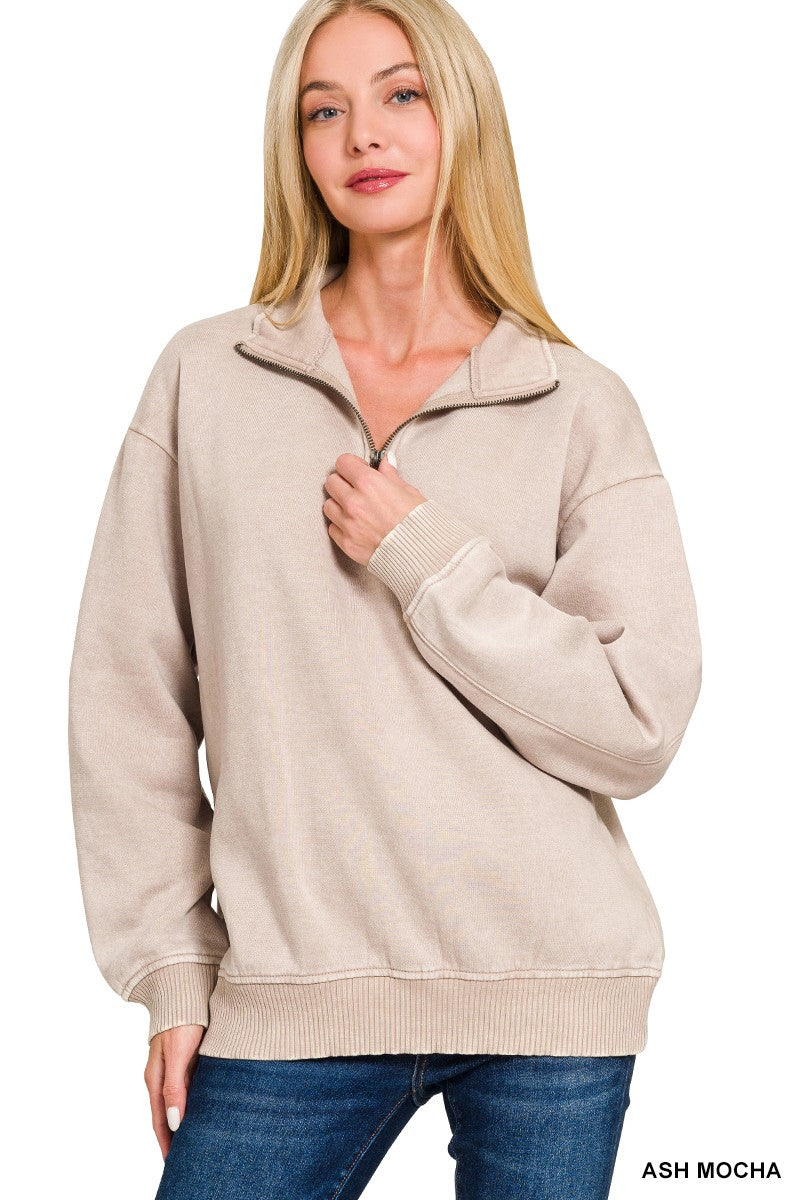 Zenana Acid Wash Fleece Half Zip Full Length Pullover