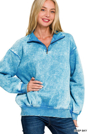 Zenana Acid Wash Fleece Half Zip Full Length Pullover