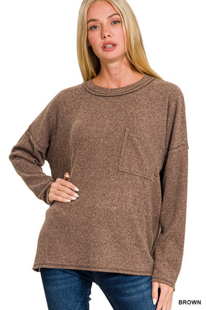 Zenana Ribbed Brushed Melange Hacci Pocket Top