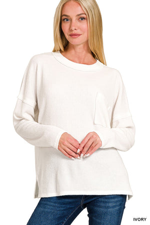 Zenana Ribbed Brushed Melange Hacci Pocket Top