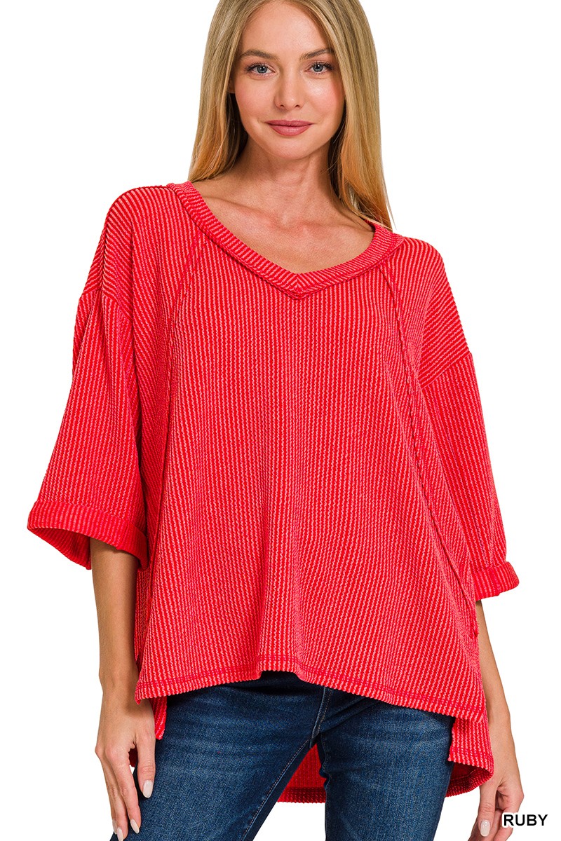 Ribbed 3/4 Sleeve High Low Top