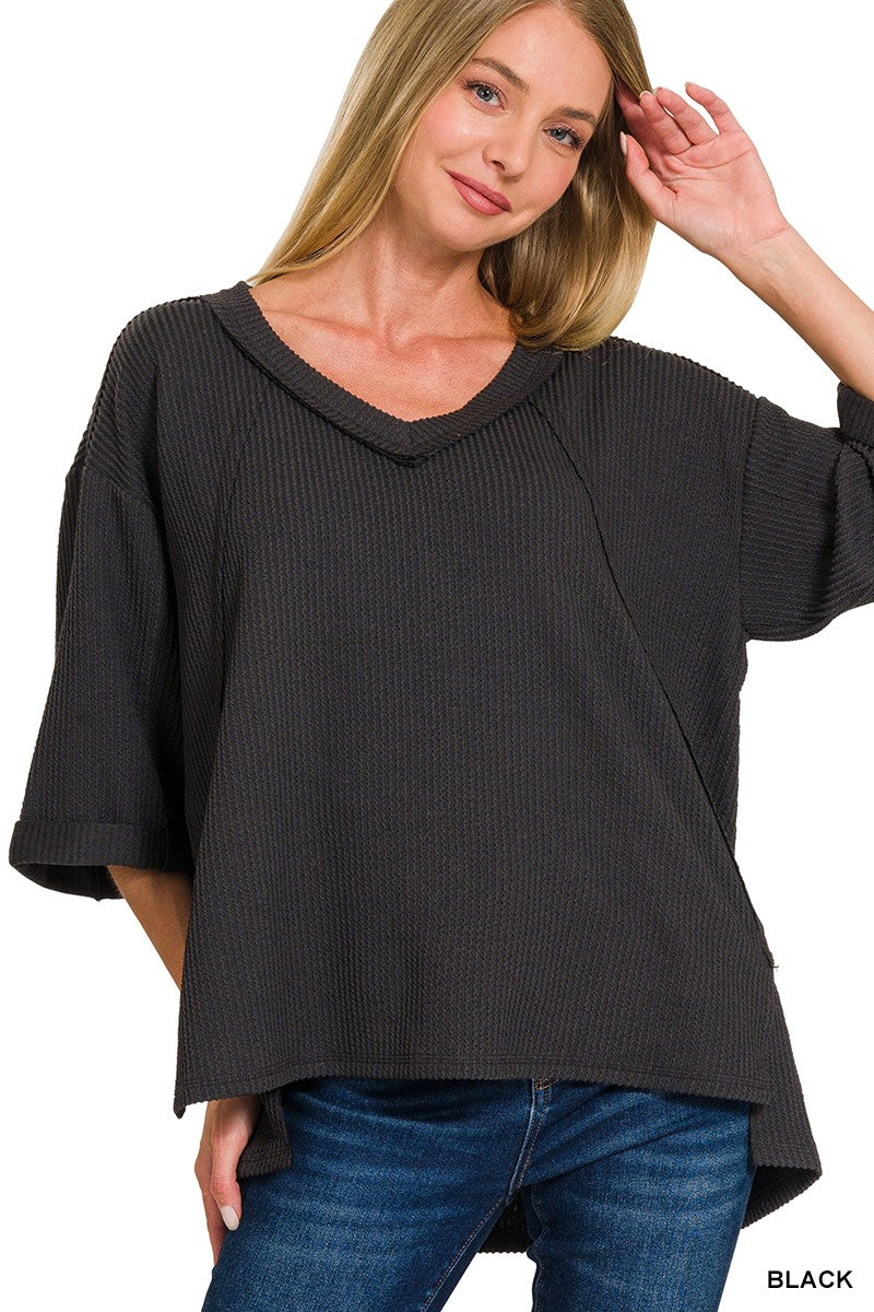 Ribbed 3/4 Sleeve High Low Top