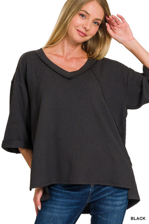 Ribbed 3/4 Sleeve High Low Top