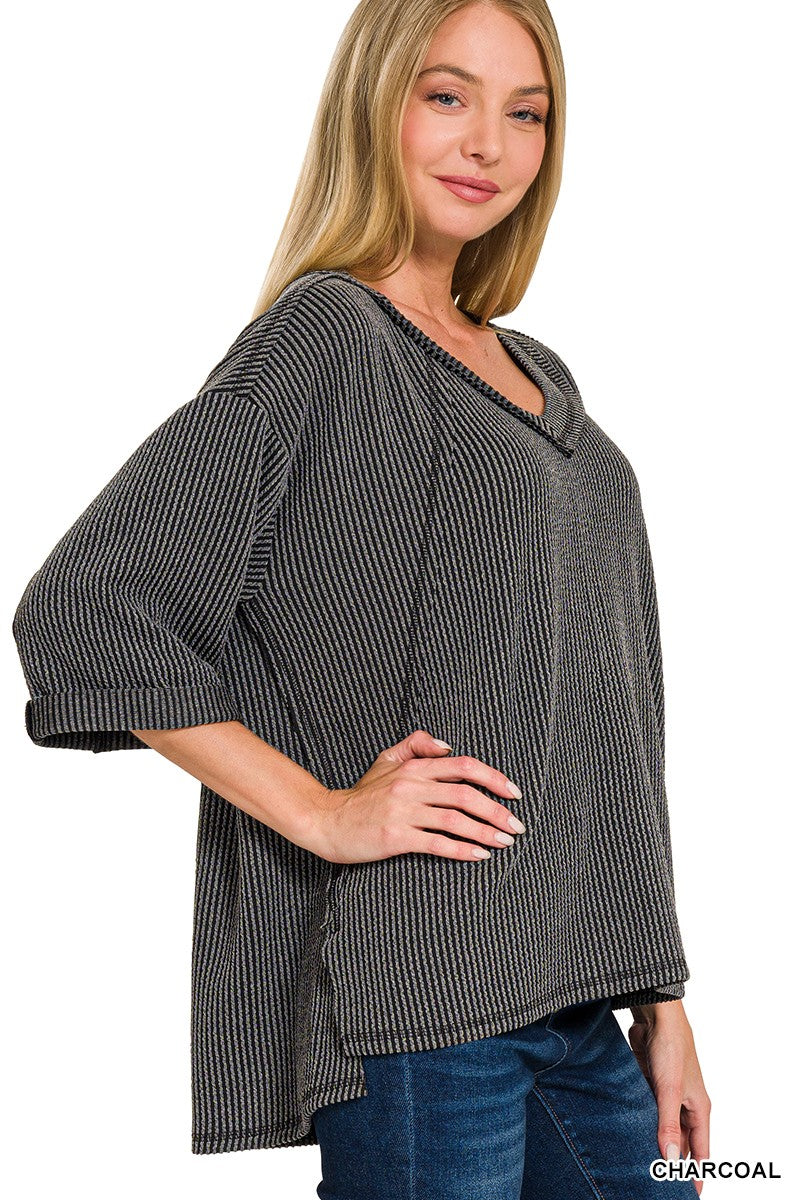 Ribbed 3/4 Sleeve High Low Top