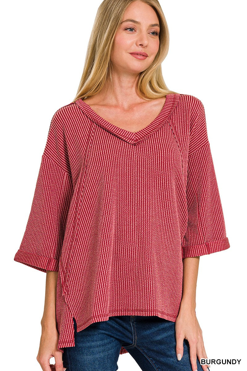 Ribbed 3/4 Sleeve High Low Top