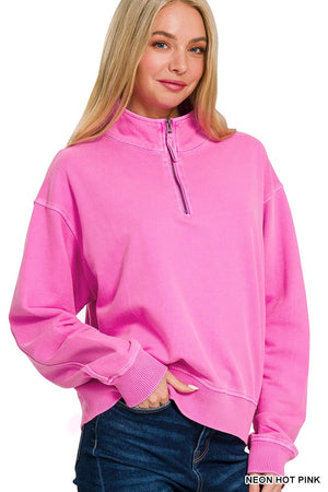 Zenana Half Zip Pigment Dye Waist Pullover