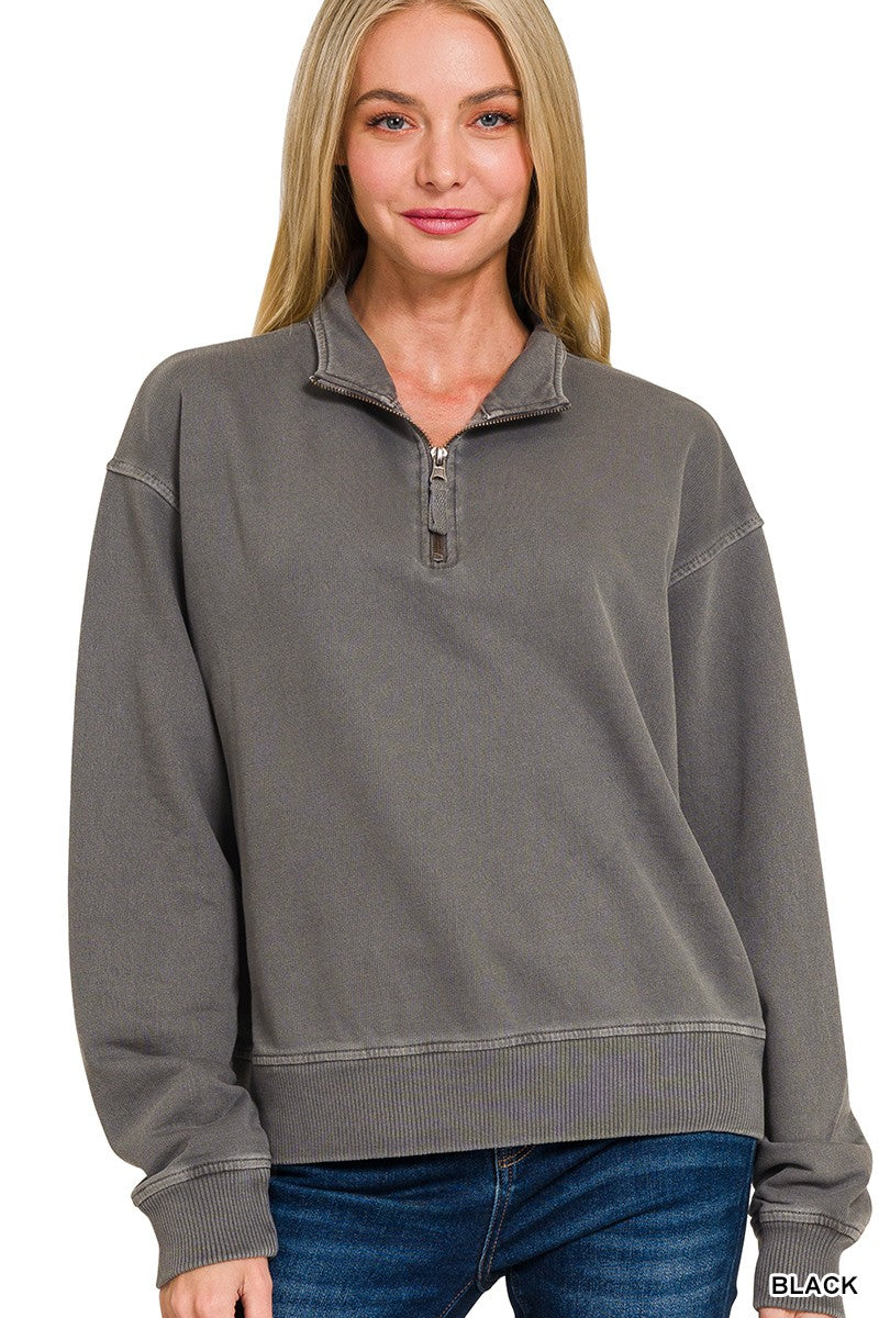 Zenana Half Zip Pigment Dye Waist Pullover