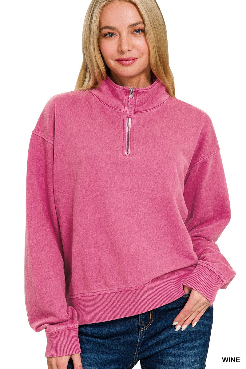 Zenana Half Zip Pigment Dye Waist Pullover