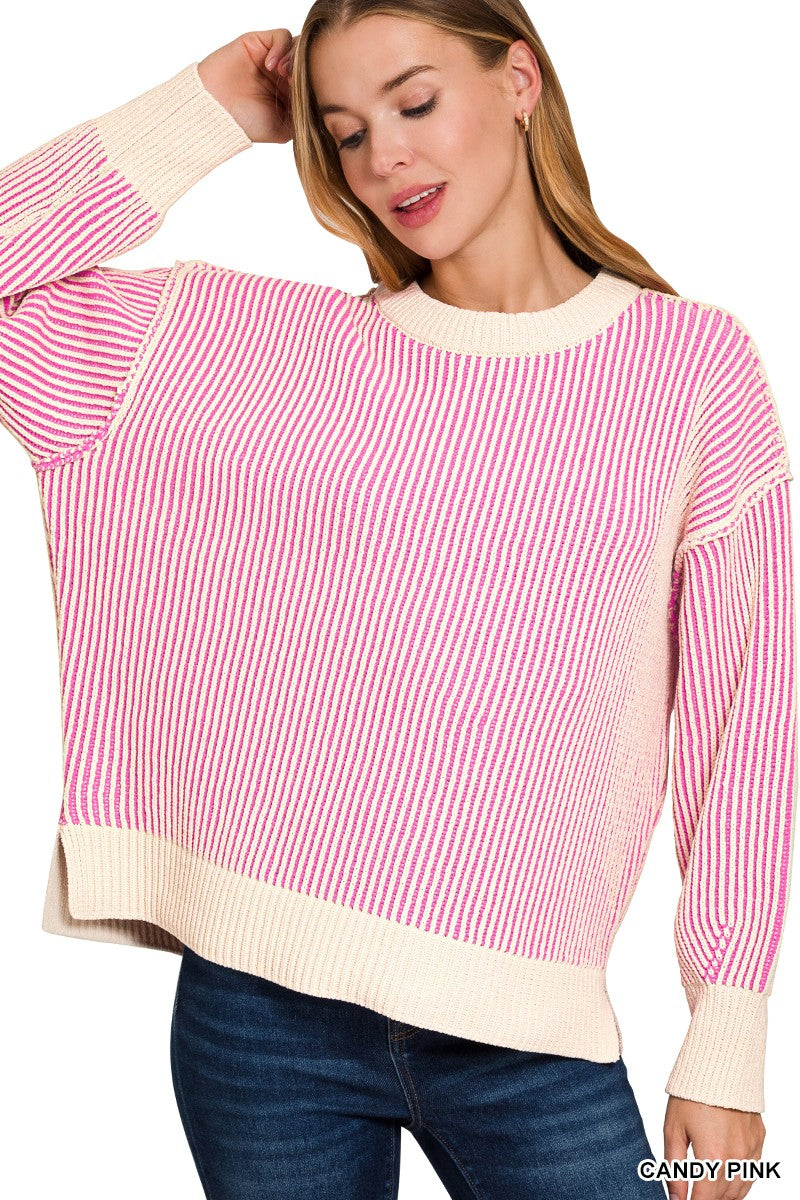 Zenana Two Tone Crewneck Sweater