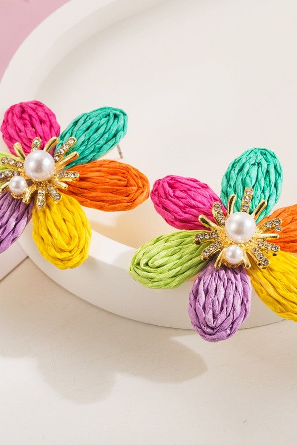 Colorful Flower Raffia Stud Earrings