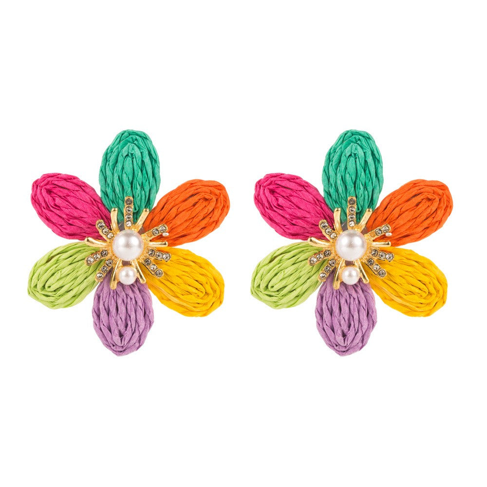 Colorful Flower Raffia Stud Earrings