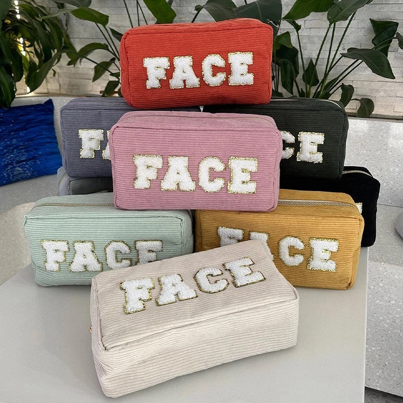 Face Chenille Lettering Corduroy Cosmetic Bag