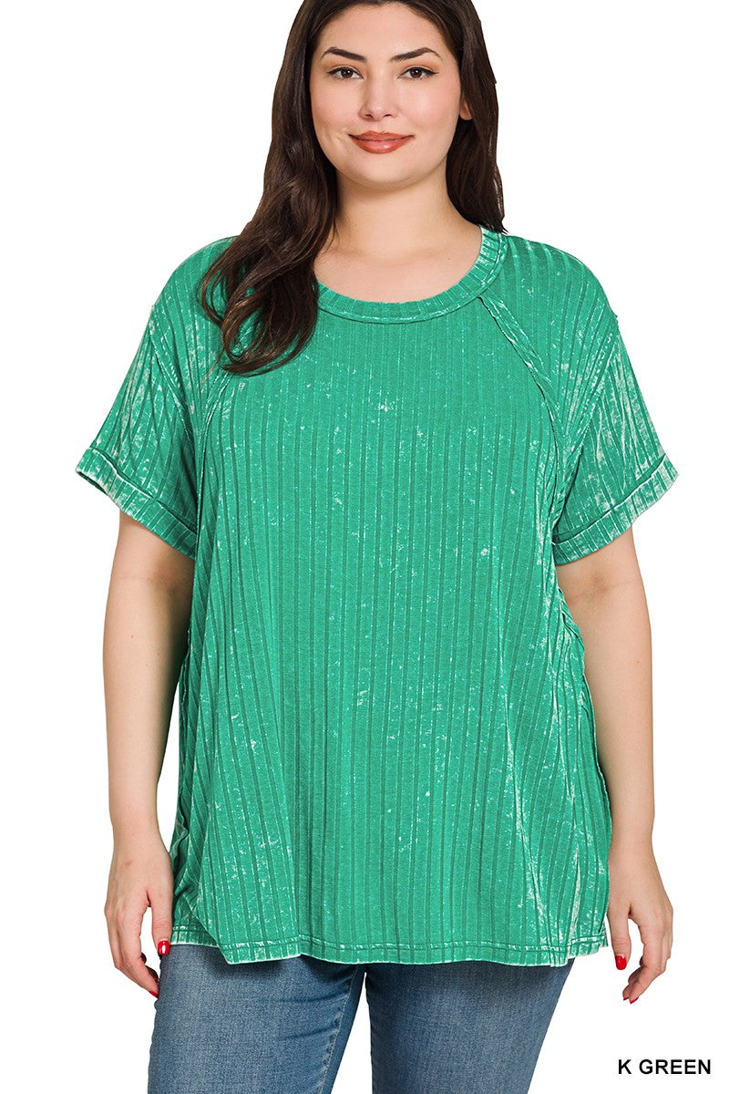 Zenana Plus Acid Washed Ribbed Short Sleeve Boat Neck Top