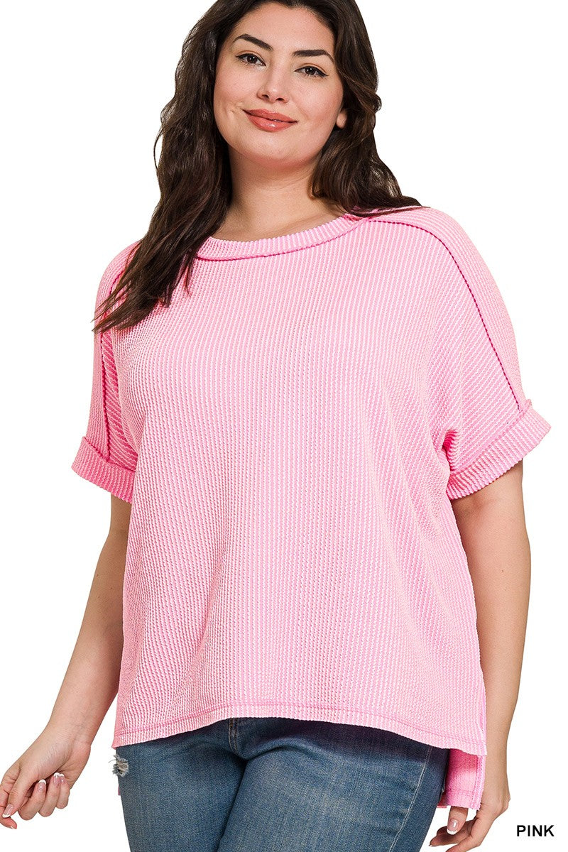 Zenana Plus Corded Rib Cuff Sleeve Raw Edge Top