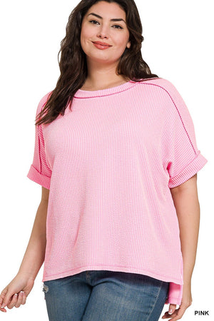 Zenana Plus Corded Rib Cuff Sleeve Raw Edge Top