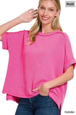 Zenana Plus Corded Rib Cuff Sleeve Raw Edge Top