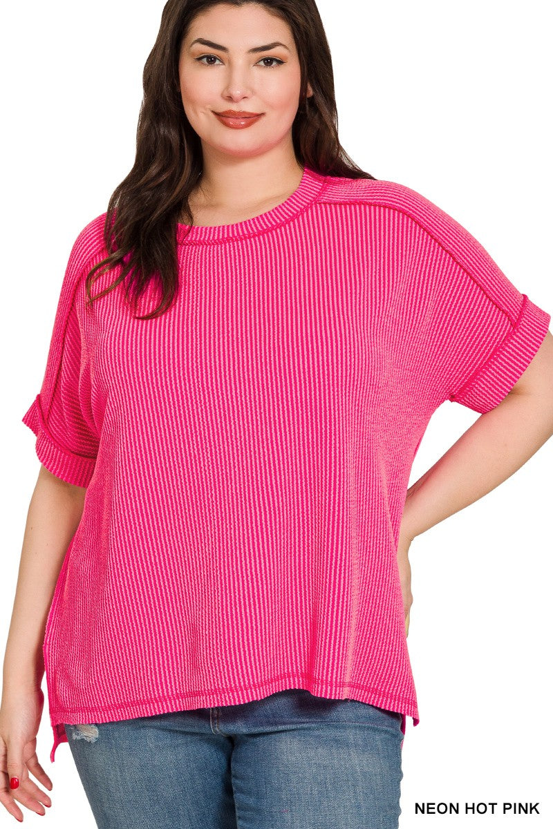 Zenana Plus Corded Rib Cuff Sleeve Raw Edge Top