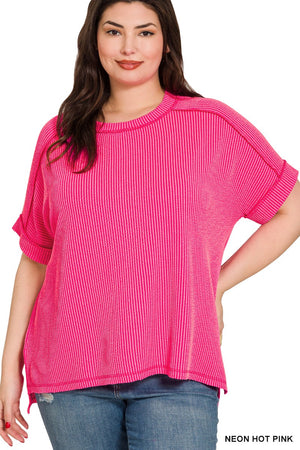 Zenana Plus Corded Rib Cuff Sleeve Raw Edge Top