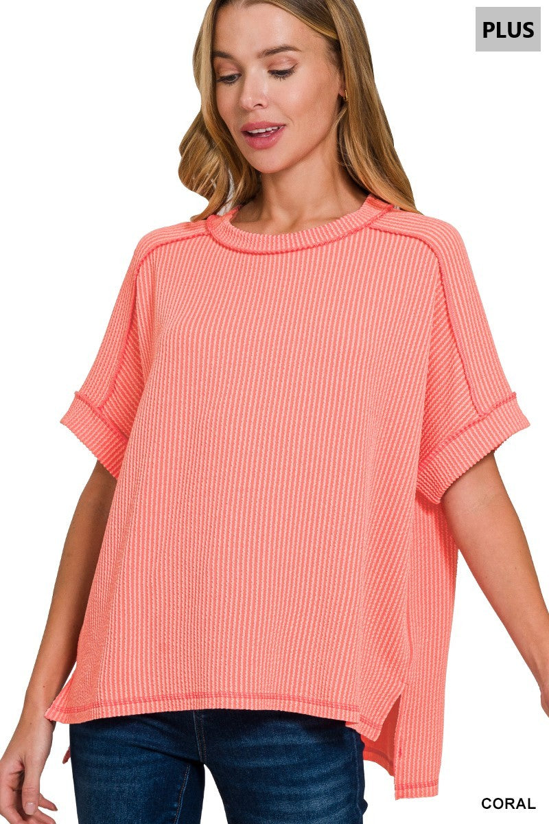 Zenana Plus Corded Rib Cuff Sleeve Raw Edge Top
